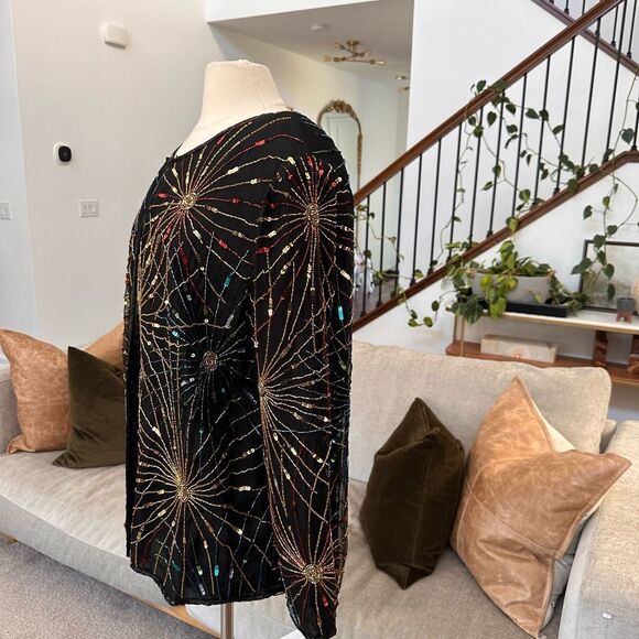 Vintage Laurence Kazar Silk Beaded Cardigan 2X Firework Colorful Evening NEW - Picture 8 of 16